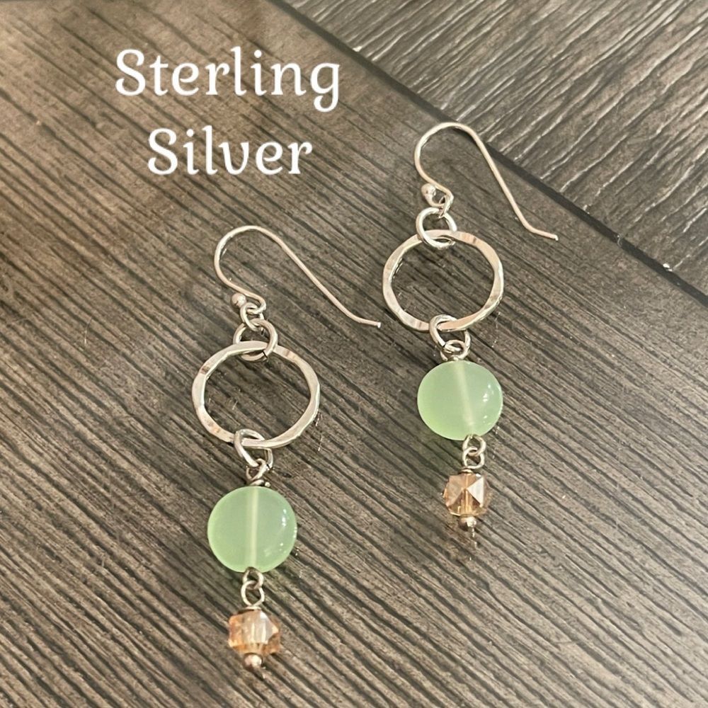 Sterling Silver Dangle Earrings with Hammered Circles & Beads